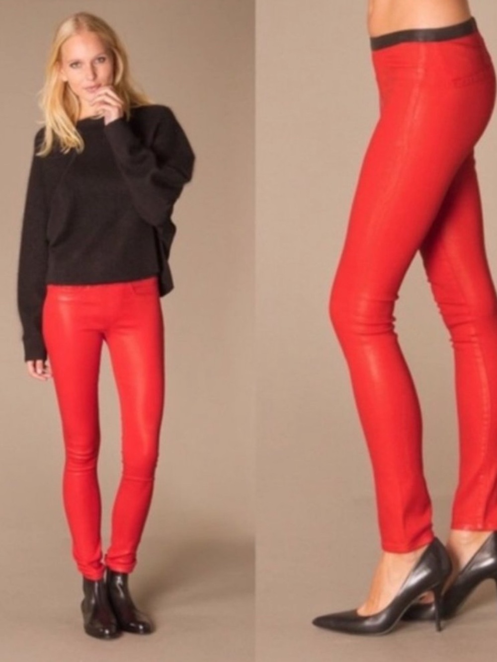 HELMUT LANG | Coated Skinny Denim Red Leggings